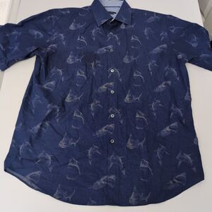 Bugatchi Shirt Men's Medium Button Up Short Sleeve Shirt Size AOP Shark Print